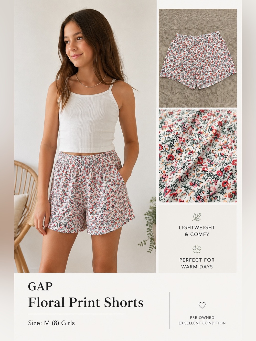 GAP Floral Print Shorts in White, Red and Green